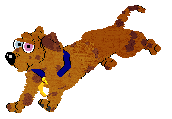 An image of Sunny II, a Mixie resembling a Dachshund, in Petz. She is an orange, fluffy dog with red spots and a red left ear, one pink eye, and one light blue eye. She is wearing a blue collar with a gold moon charm.